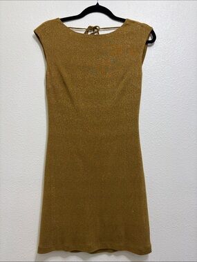 BCBGMaxAzria Gold Shimmer Backless Draped Tie Dress